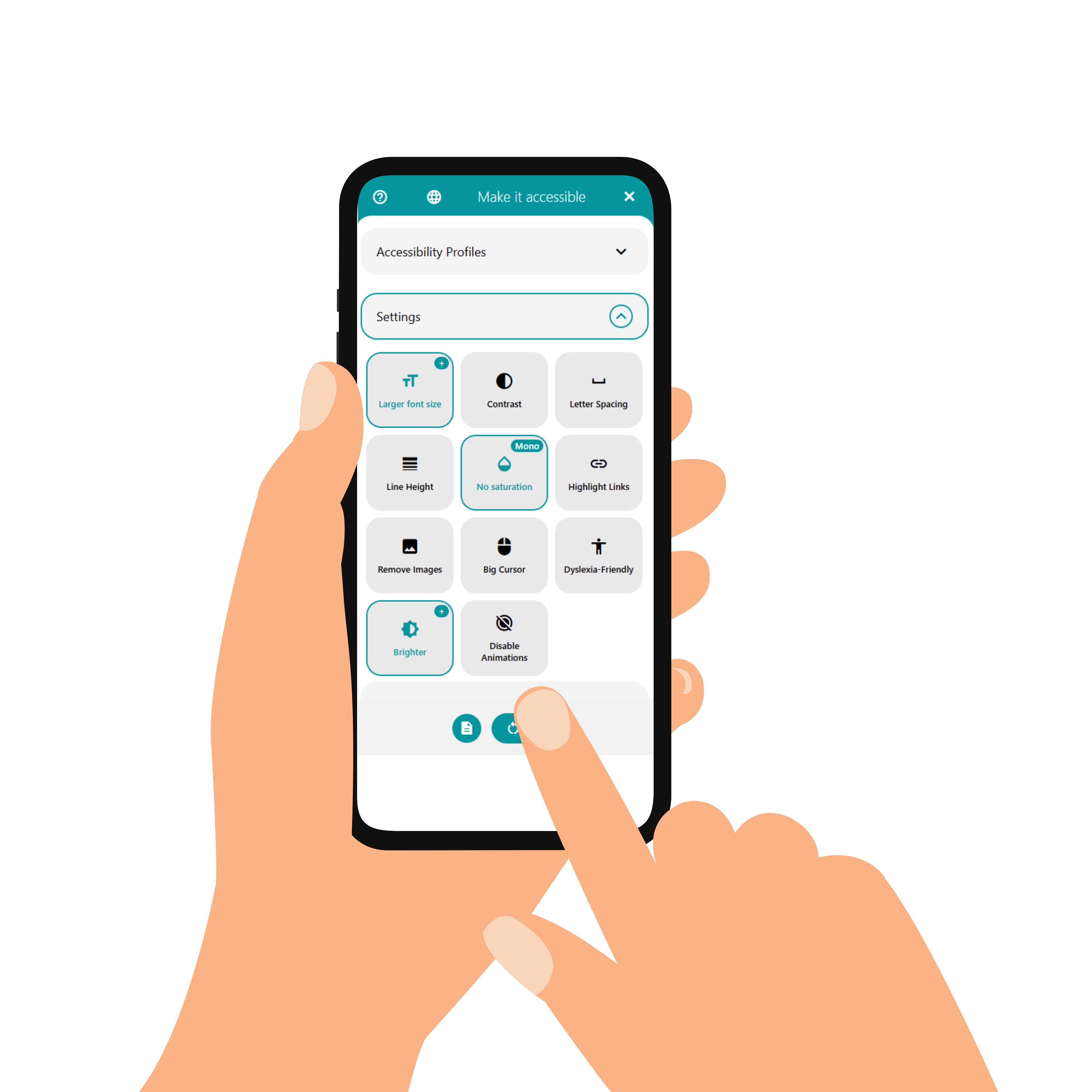 Hand holding a phone displaying the SimplifyAccess accessibility tools interface